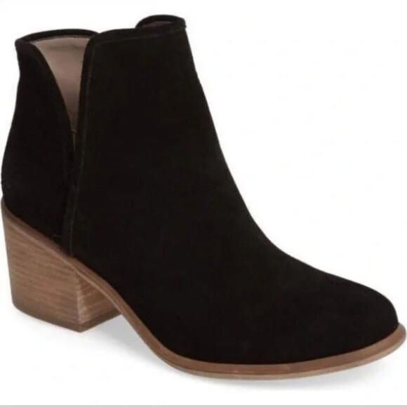 Boho Nordstrom Soft Black Soft Suede Notch Ankle Boots Block Heel Preppy Size 9 - Picture 1 of 11